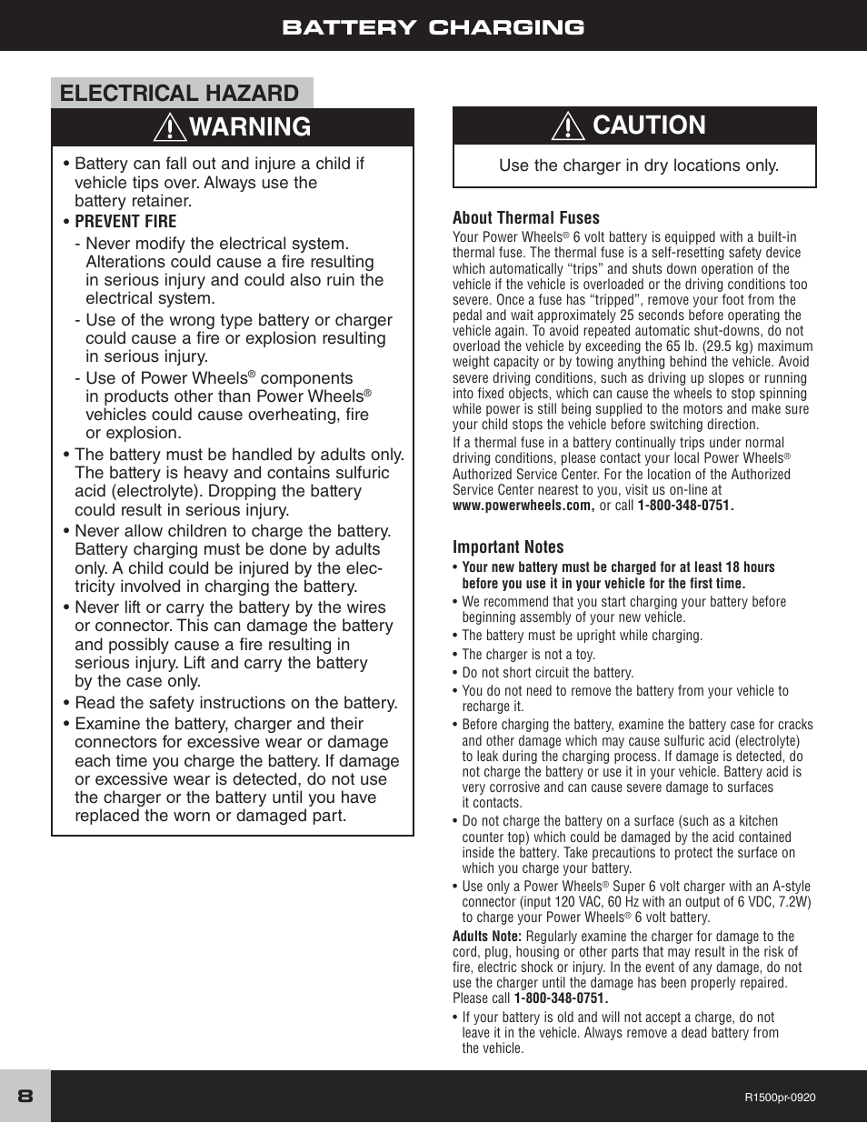 Warning caution, Electrical hazard, Battery charging | Fisher-Price F-150 User Manual | Page 8 / 28