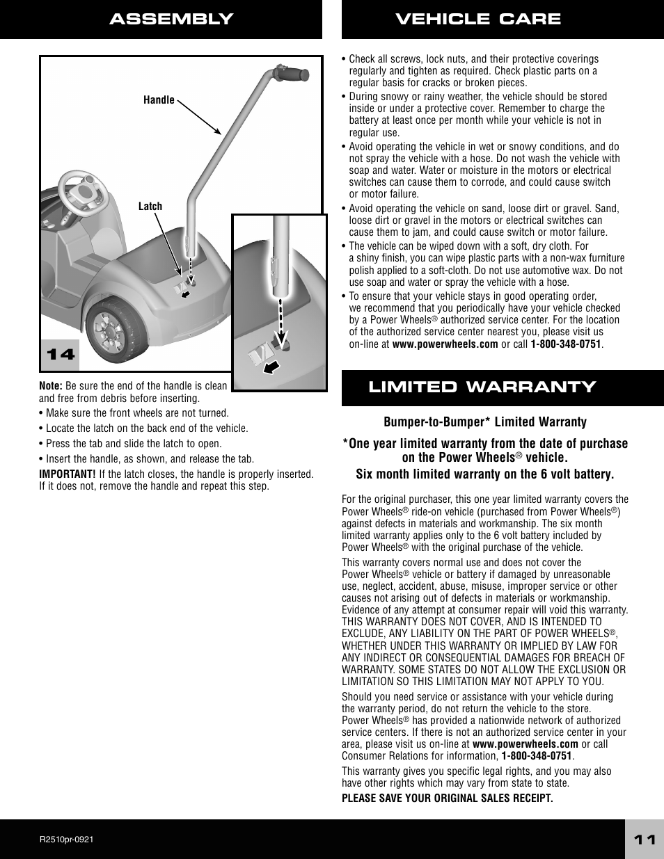 Assembly vehicle care, Limited warranty | Fisher-Price R2510 User Manual | Page 11 / 20