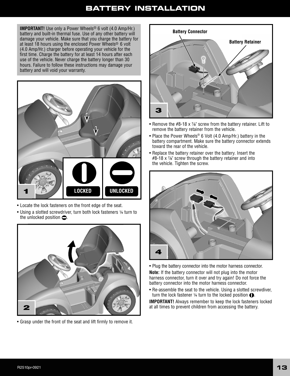Battery installation 1 2 3 4 | Fisher-Price R2510 User Manual | Page 13 / 20