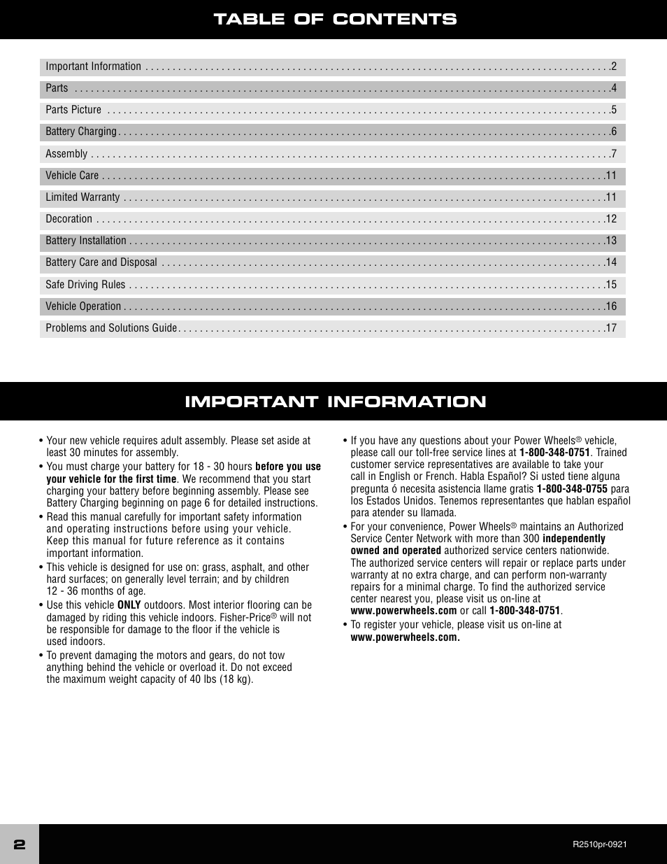 Important information table of contents | Fisher-Price R2510 User Manual | Page 2 / 20