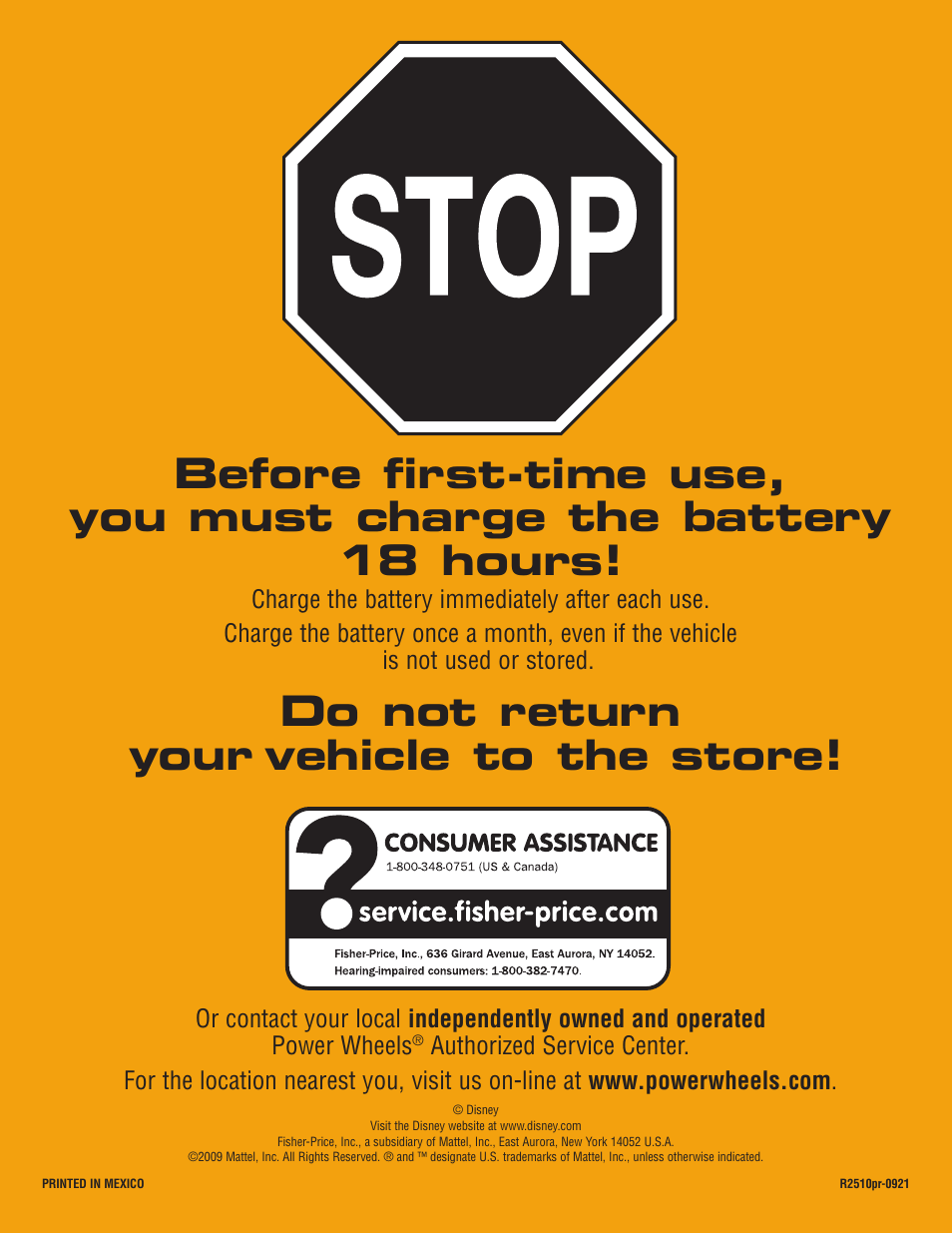 Do not return your vehicle to the store | Fisher-Price R2510 User Manual | Page 20 / 20