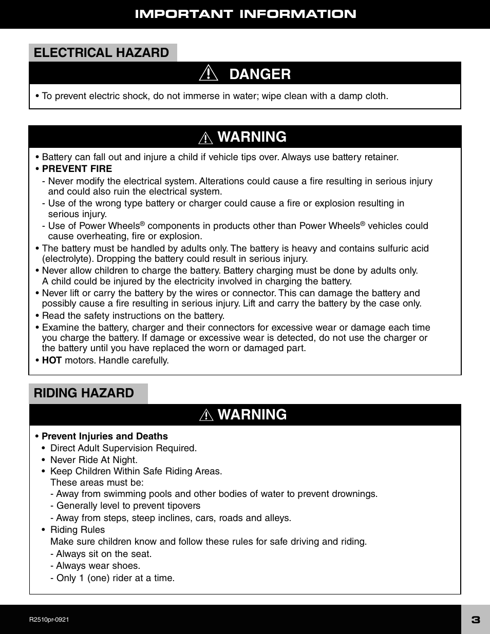 Warning, Danger, Riding hazard electrical hazard | Fisher-Price R2510 User Manual | Page 3 / 20