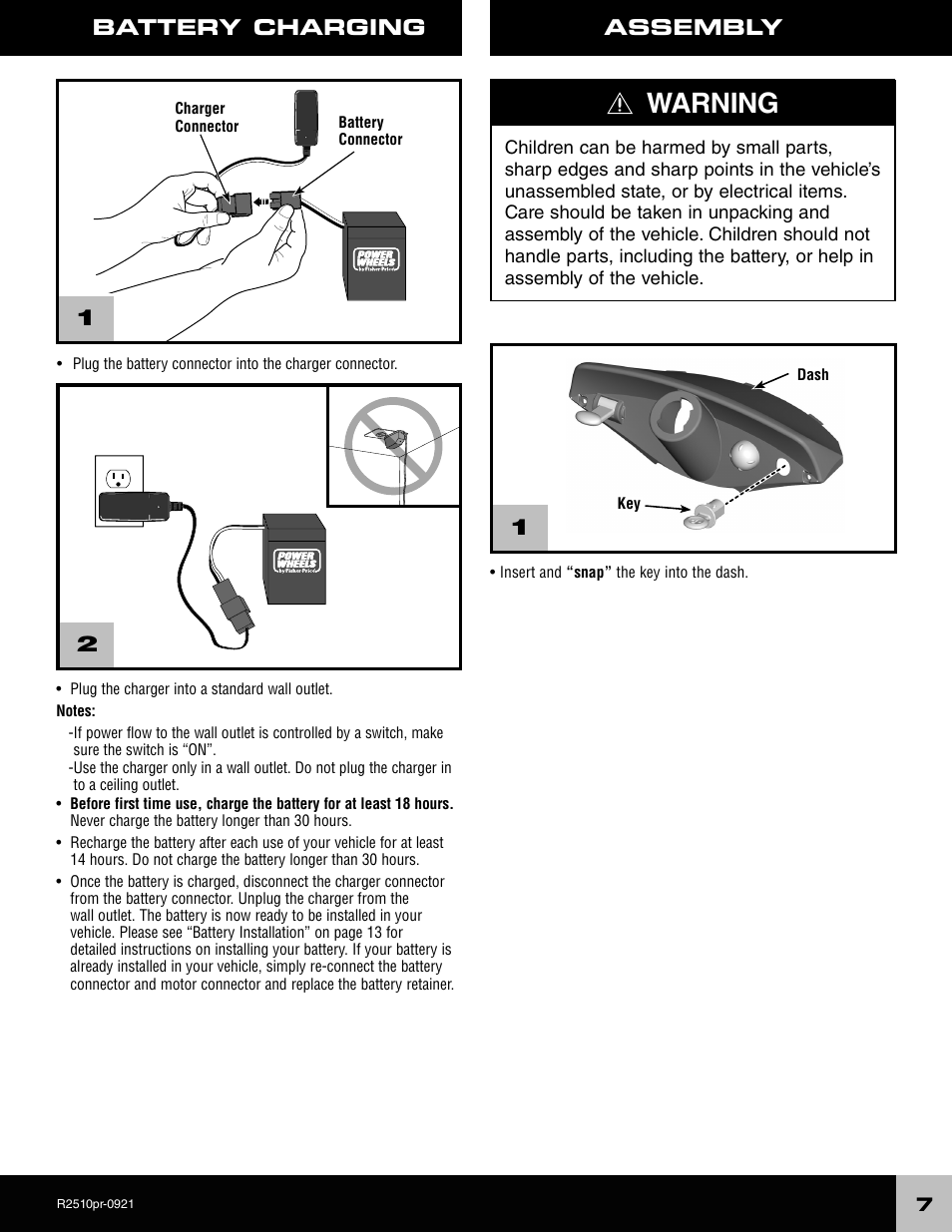Warning, Assembly battery charging 2 1 | Fisher-Price R2510 User Manual | Page 7 / 20