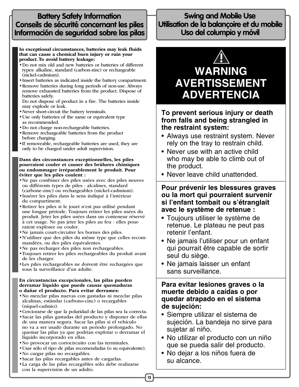 Warning avertissement advertencia | Fisher-Price P0098 User Manual | Page 13 / 24