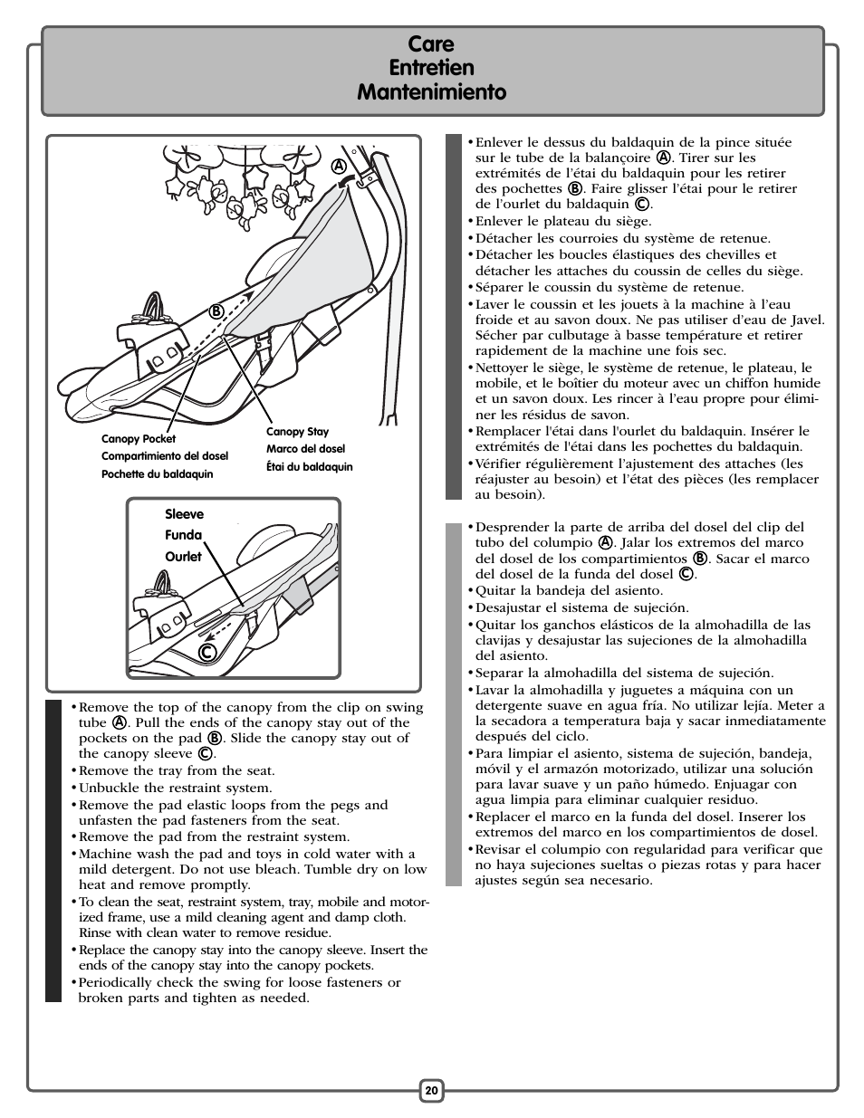 Care entretien mantenimiento | Fisher-Price P0098 User Manual | Page 20 / 24