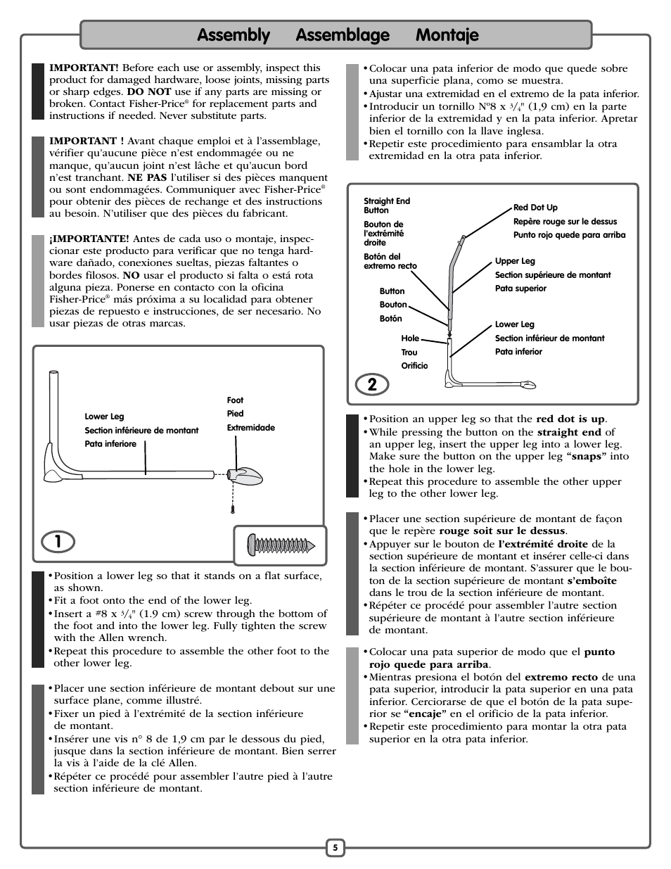 Assembly assemblage montaje | Fisher-Price P0098 User Manual | Page 5 / 24