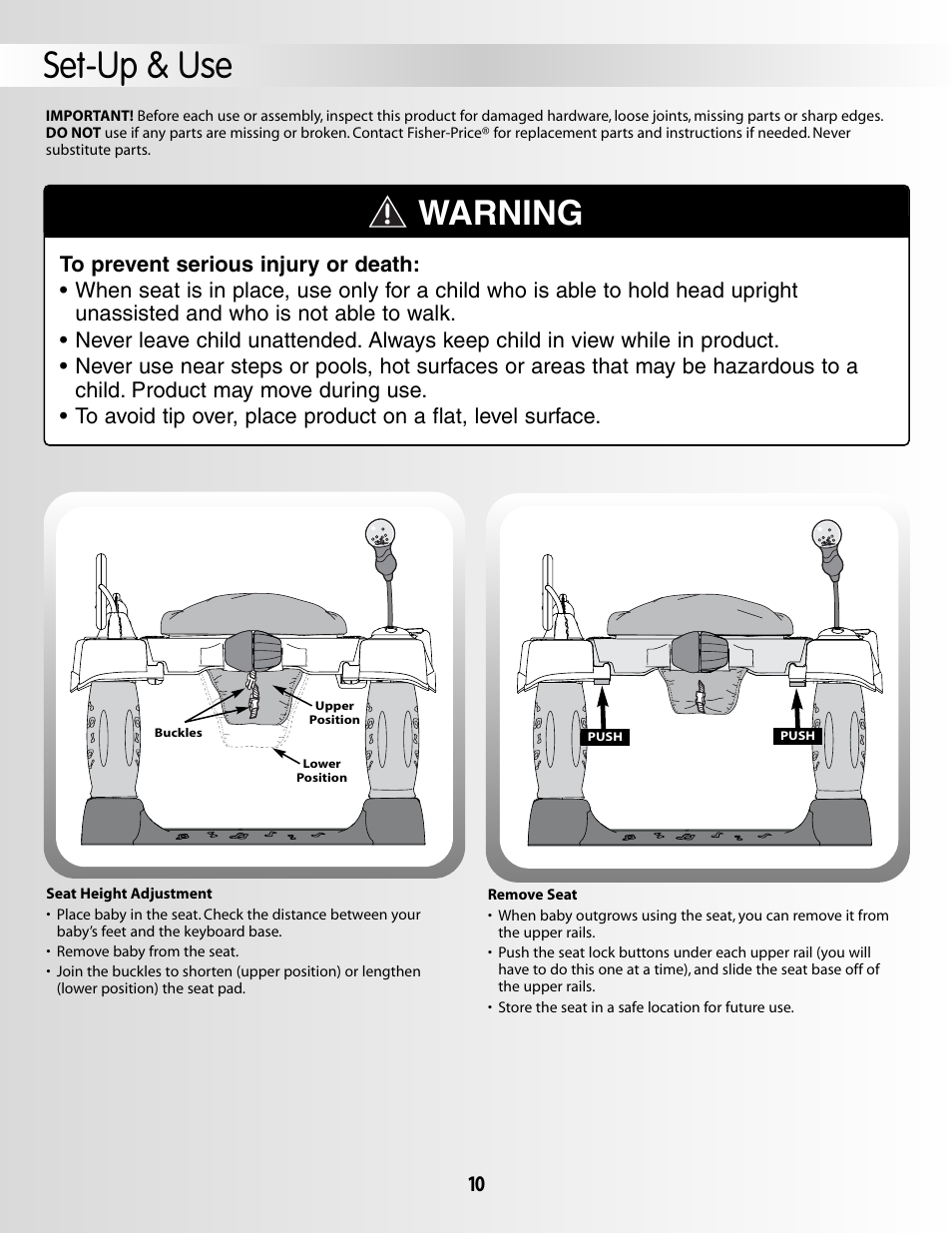 Set-up & use, Warning | Fisher-Price 79029 User Manual | Page 10 / 12