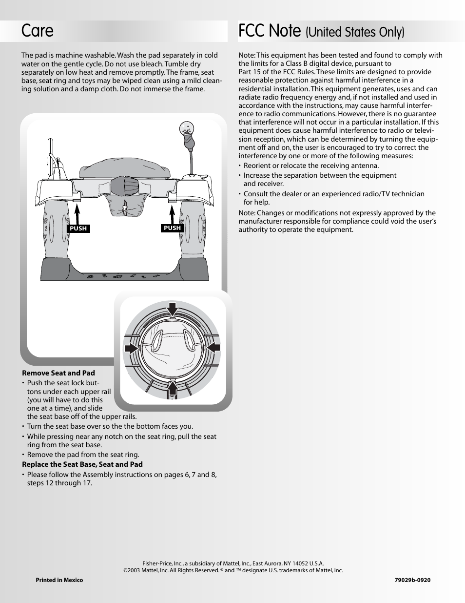 Care, United states only) | Fisher-Price 79029 User Manual | Page 12 / 12