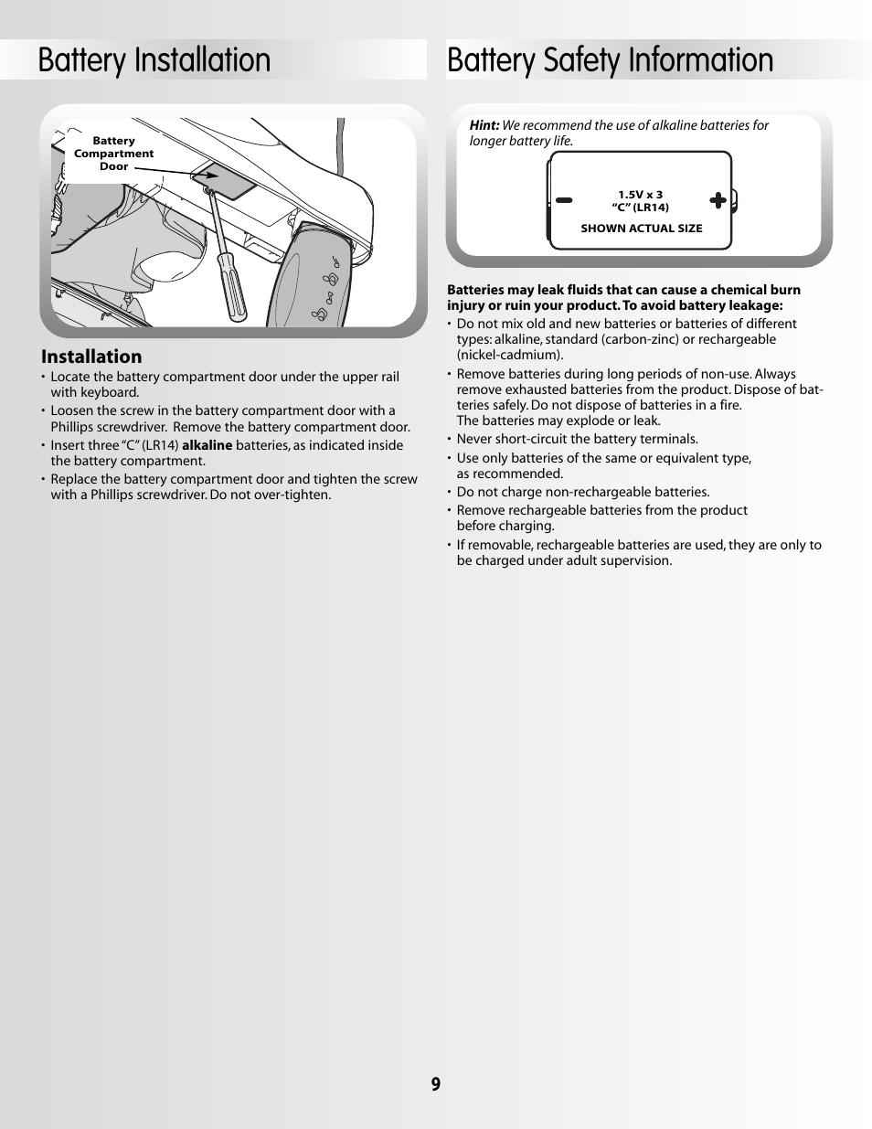 Battery safety information battery installation, Installation | Fisher-Price 79029 User Manual | Page 9 / 12