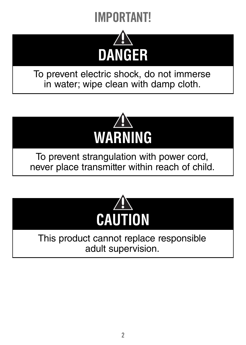 Warning, Danger, Caution | Important | Fisher-Price V4340 User Manual | Page 2 / 12