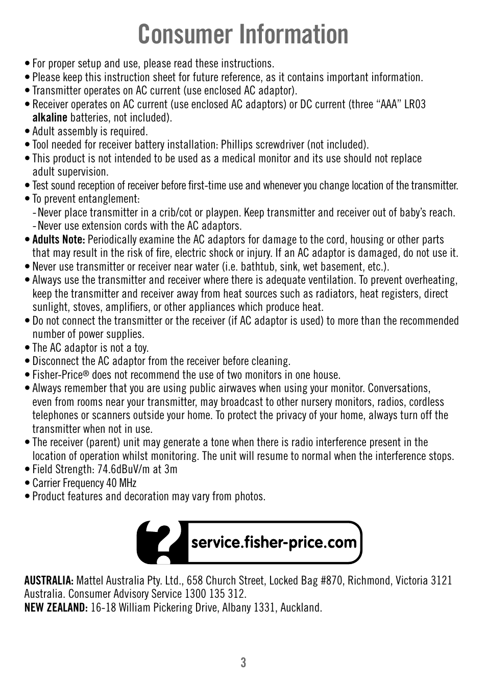 Consumer information | Fisher-Price V4340 User Manual | Page 3 / 12