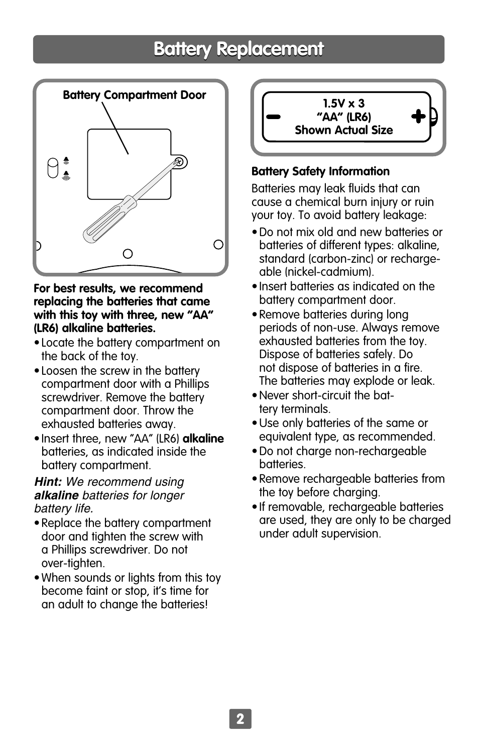 Battery replacement | Fisher-Price Counting Friends Phone B4759 User Manual | Page 2 / 4