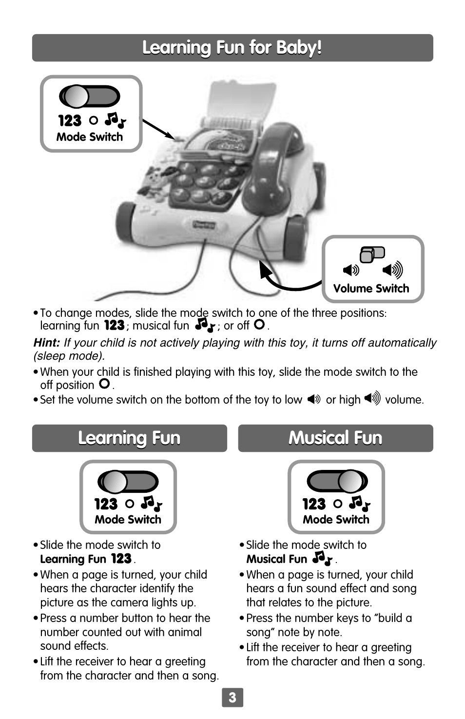 Learning fun, Learning fun musical fun musical fun, Learning fun for baby | Fisher-Price Counting Friends Phone B4759 User Manual | Page 3 / 4