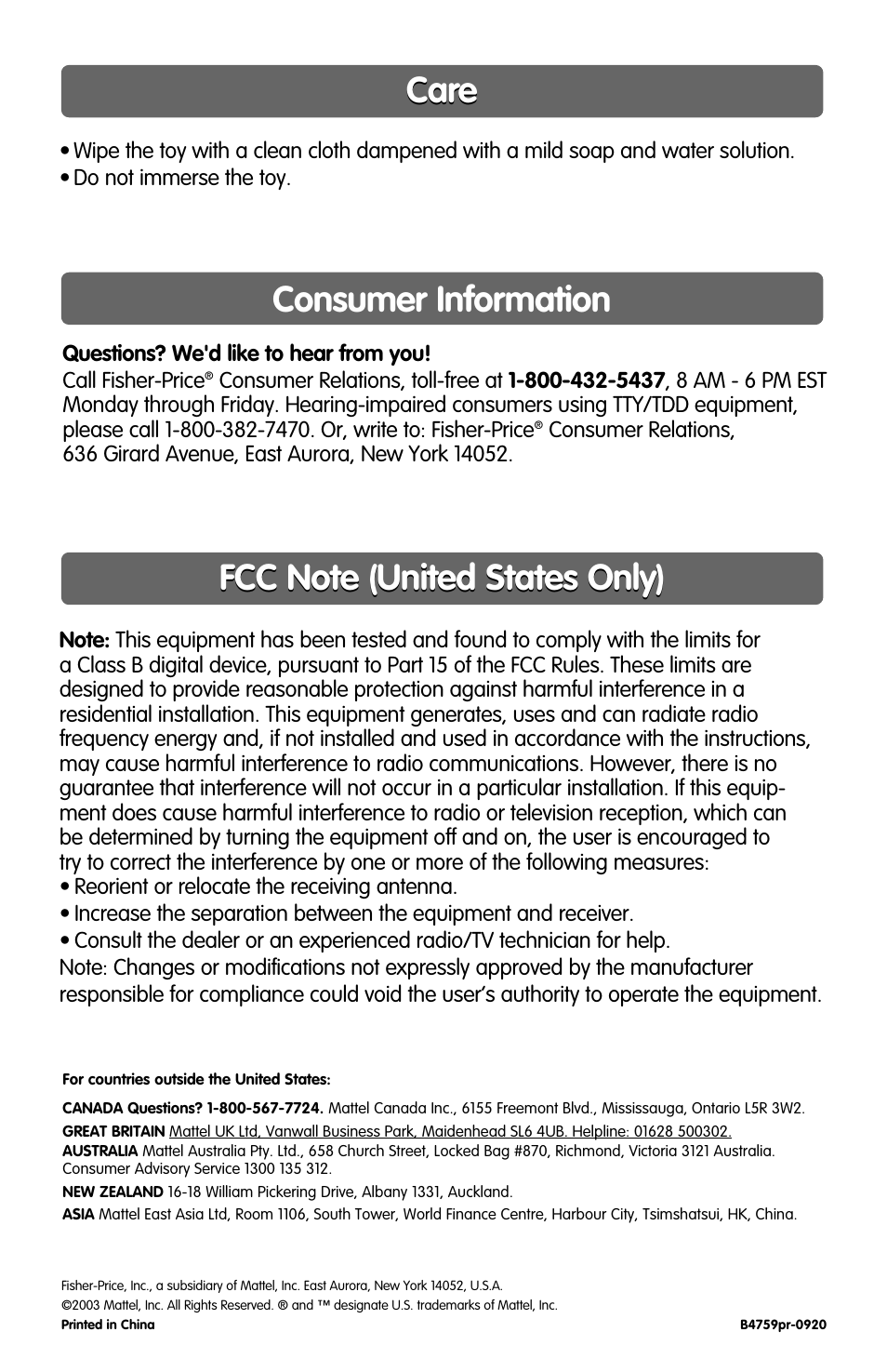 Consumer information | Fisher-Price Counting Friends Phone B4759 User Manual | Page 4 / 4