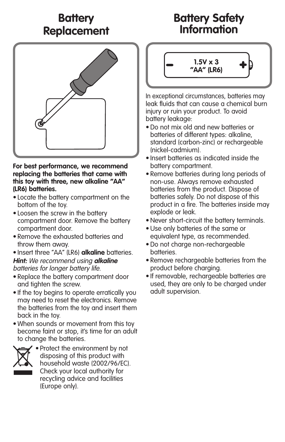 Battery replacement, Battery safety information | Fisher-Price LITTLEPEOPLE N0716 User Manual | Page 2 / 4