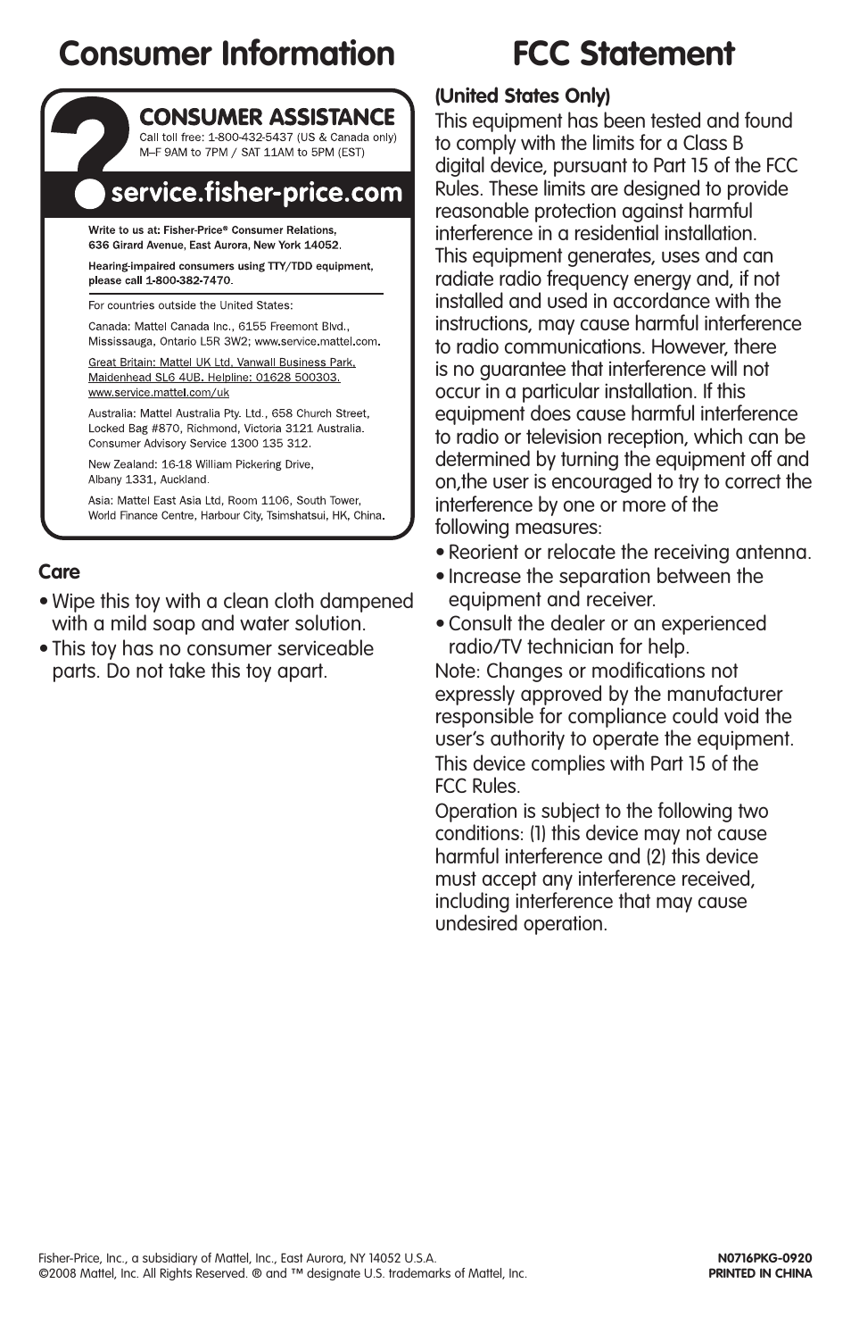 Consumer information, Fcc statement | Fisher-Price LITTLEPEOPLE N0716 User Manual | Page 4 / 4