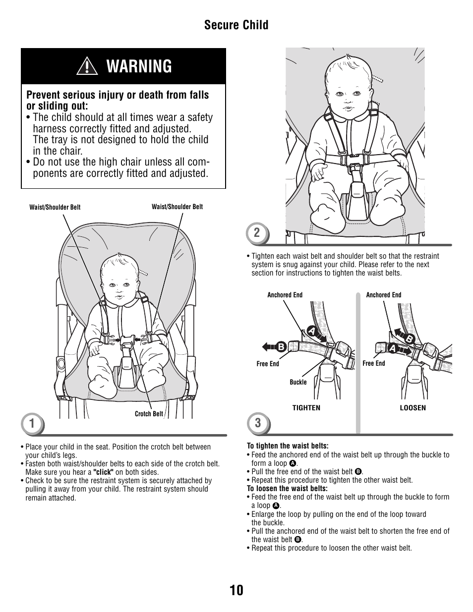 Warning, Secure child 1 | Fisher-Price P5755 User Manual | Page 10 / 16