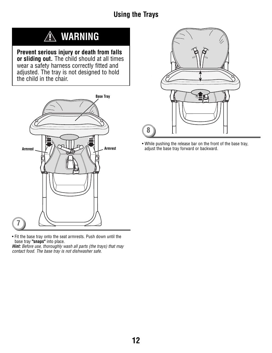 Warning, Using the trays 8 | Fisher-Price P5755 User Manual | Page 12 / 16