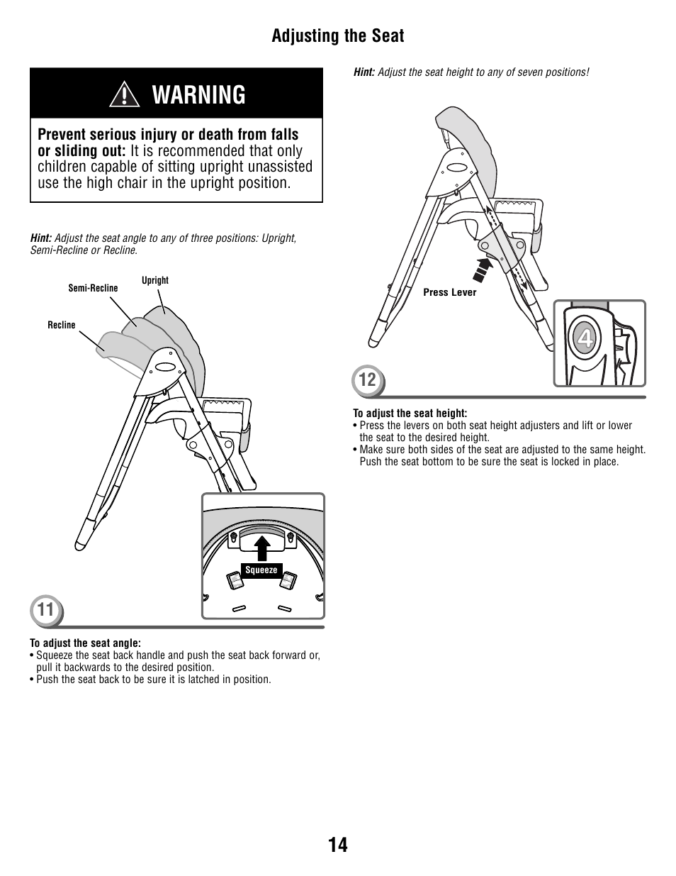 Warning, Adjusting the seat 11 | Fisher-Price P5755 User Manual | Page 14 / 16