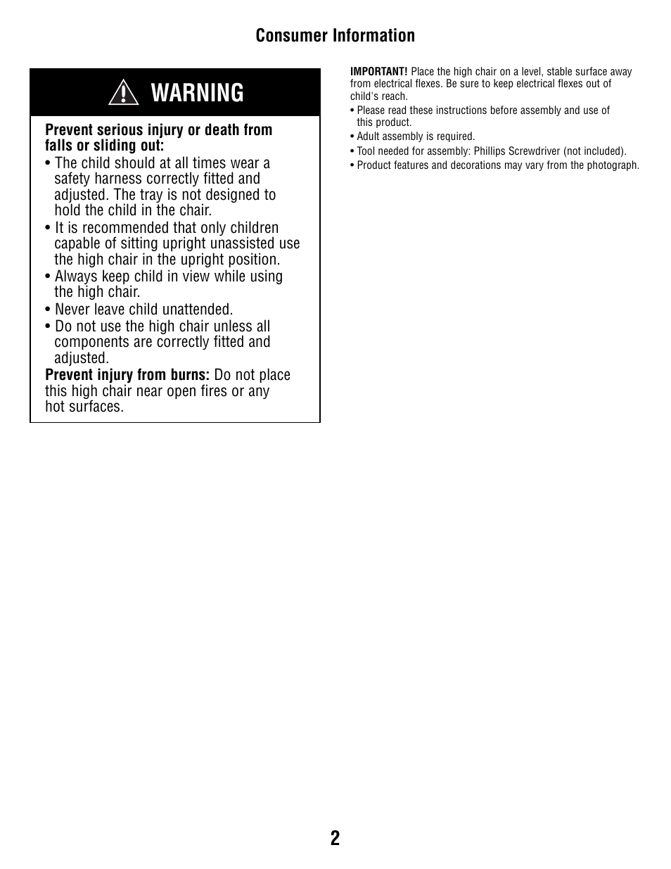 Warning | Fisher-Price P5755 User Manual | Page 2 / 16