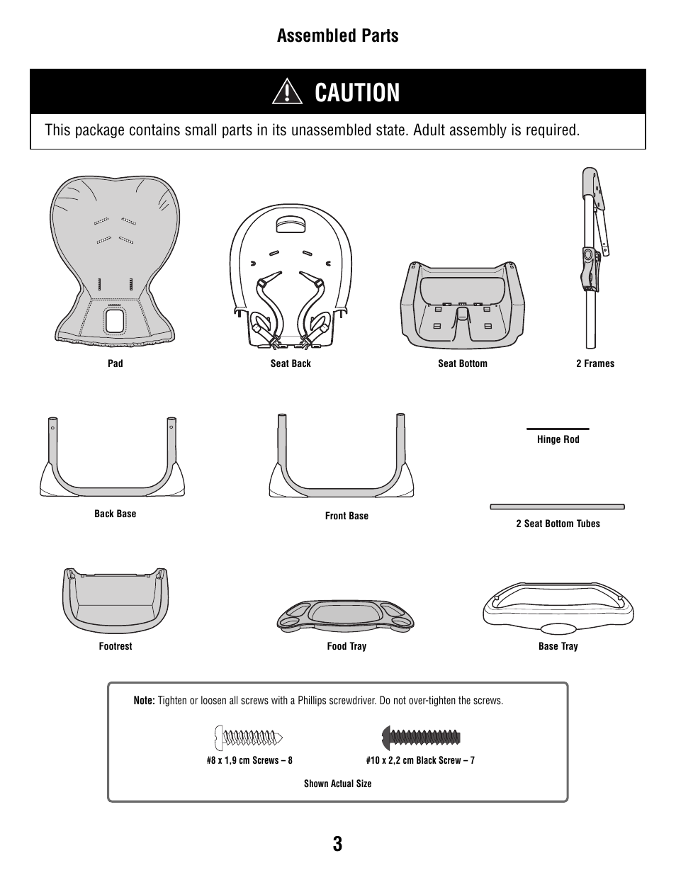 Caution, Assembled parts | Fisher-Price P5755 User Manual | Page 3 / 16