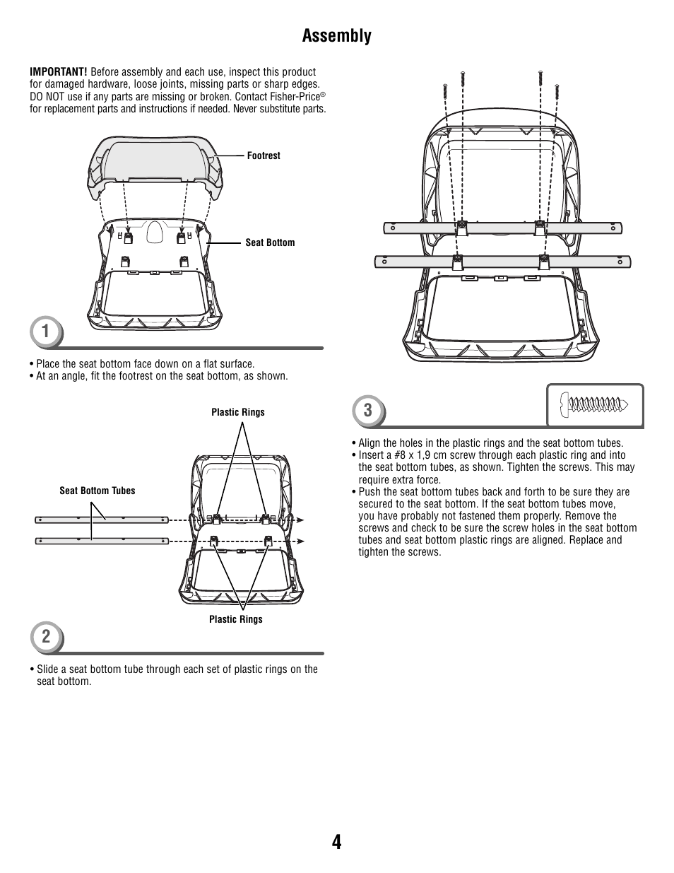 Assembly 1 2 | Fisher-Price P5755 User Manual | Page 4 / 16