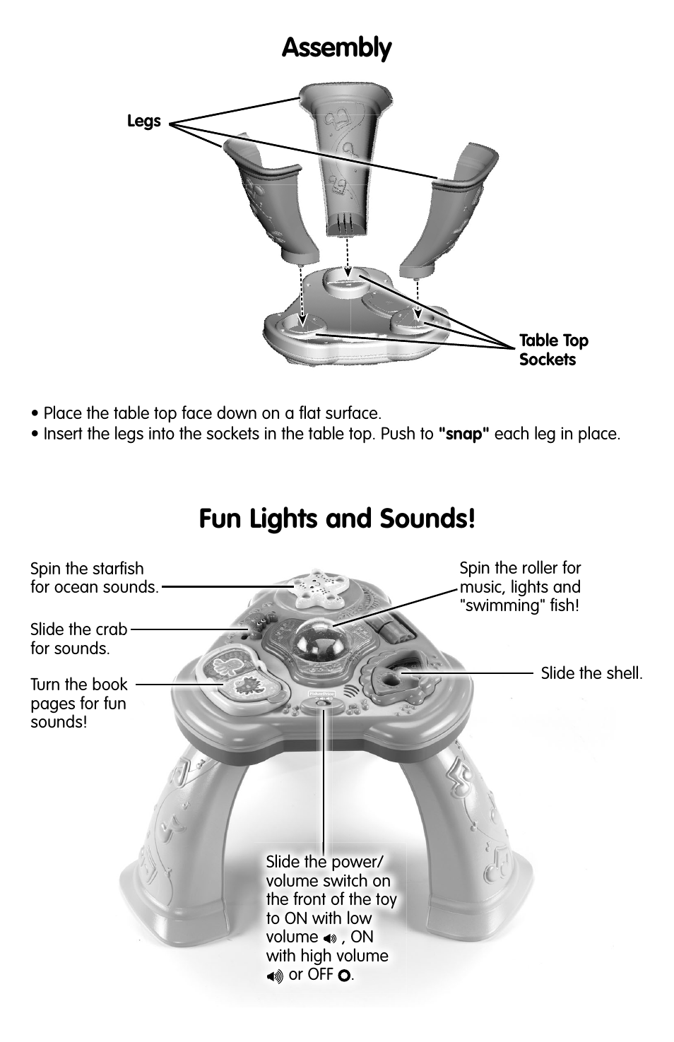 Fun lights and sounds, Assembly | Fisher-Price T6076 User Manual | Page 3 / 4