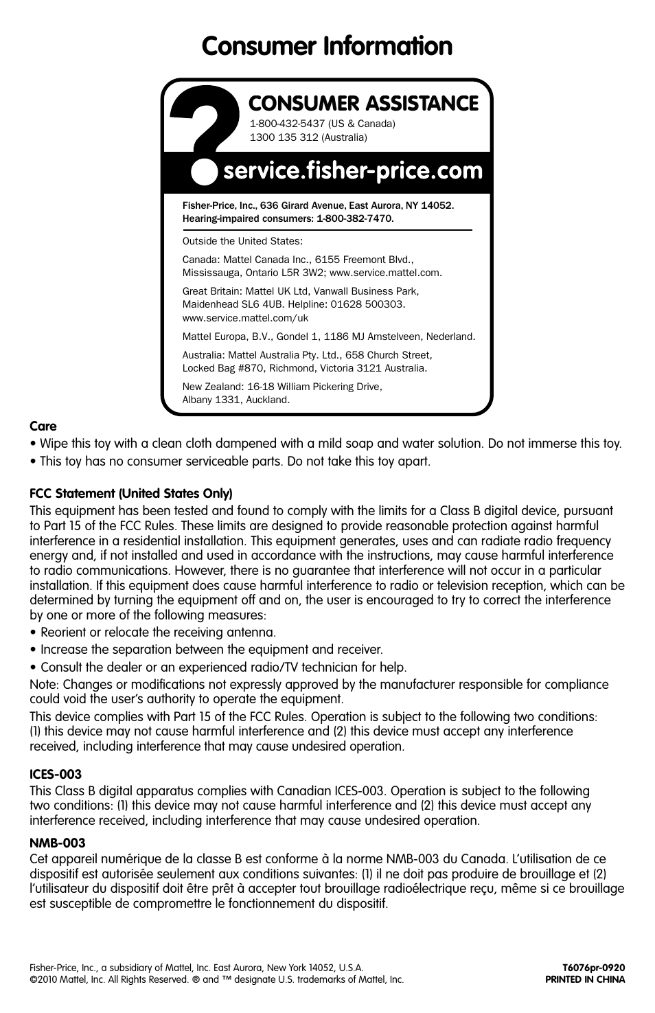 Consumer information, Consumer assistance | Fisher-Price T6076 User Manual | Page 4 / 4