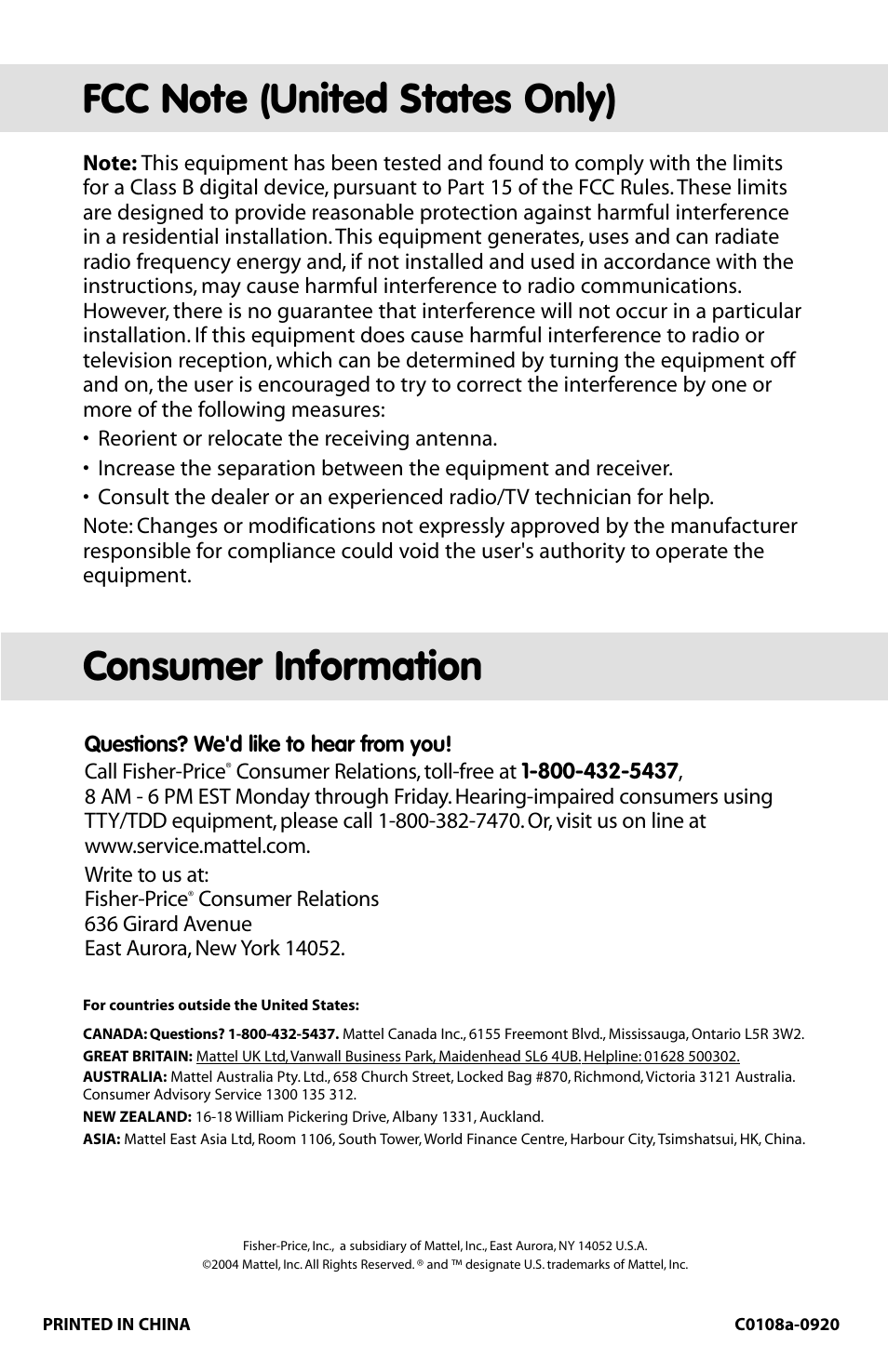 Consumer information | Fisher-Price BUTTERFLY DREAMS C0108 User Manual | Page 16 / 16
