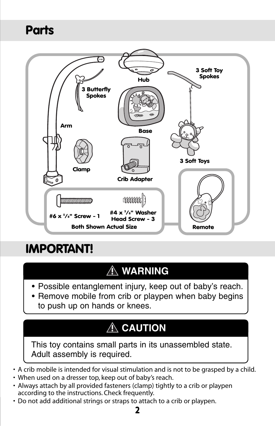 Parts, Important, Warning | Caution | Fisher-Price BUTTERFLY DREAMS C0108 User Manual | Page 2 / 16