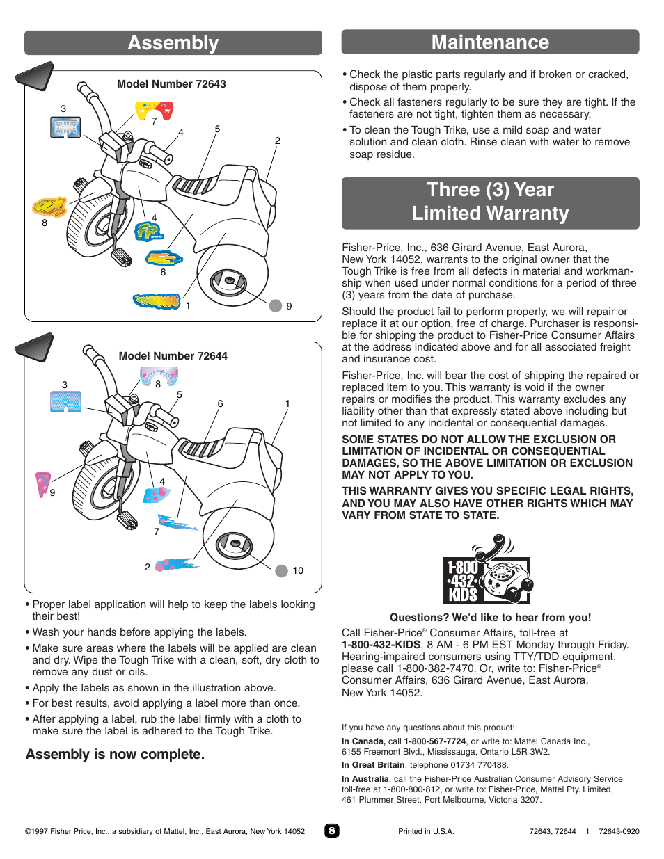 Assembly is now complete. 22 | Fisher-Price TOUGH TRIKE 72644 User Manual | Page 8 / 8