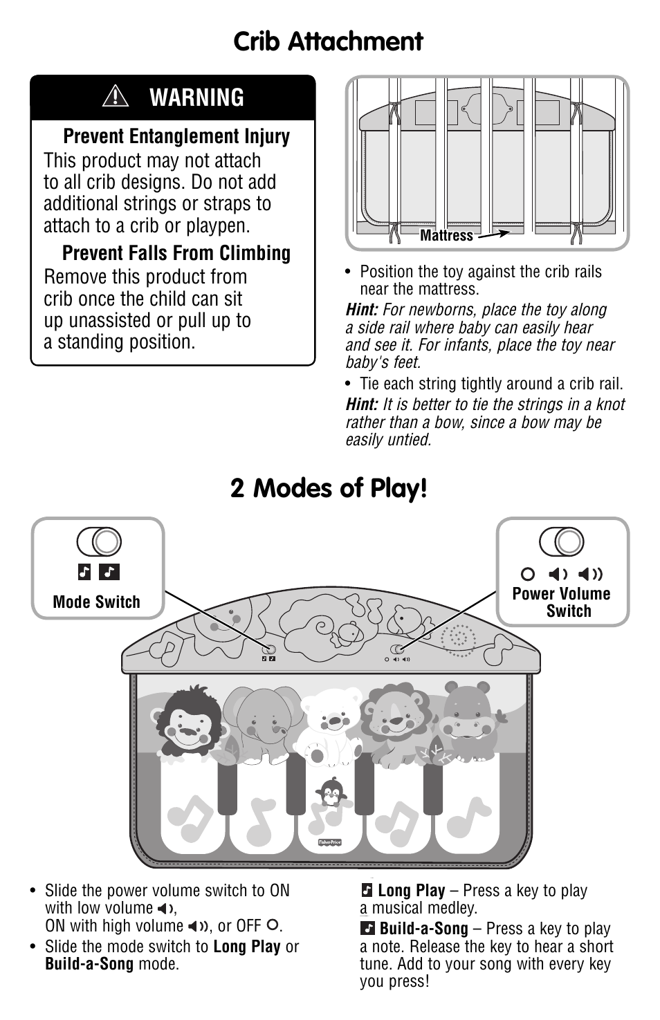 2 modes of play! crib attachment, Warning | Fisher-Price P5334 User Manual | Page 3 / 4