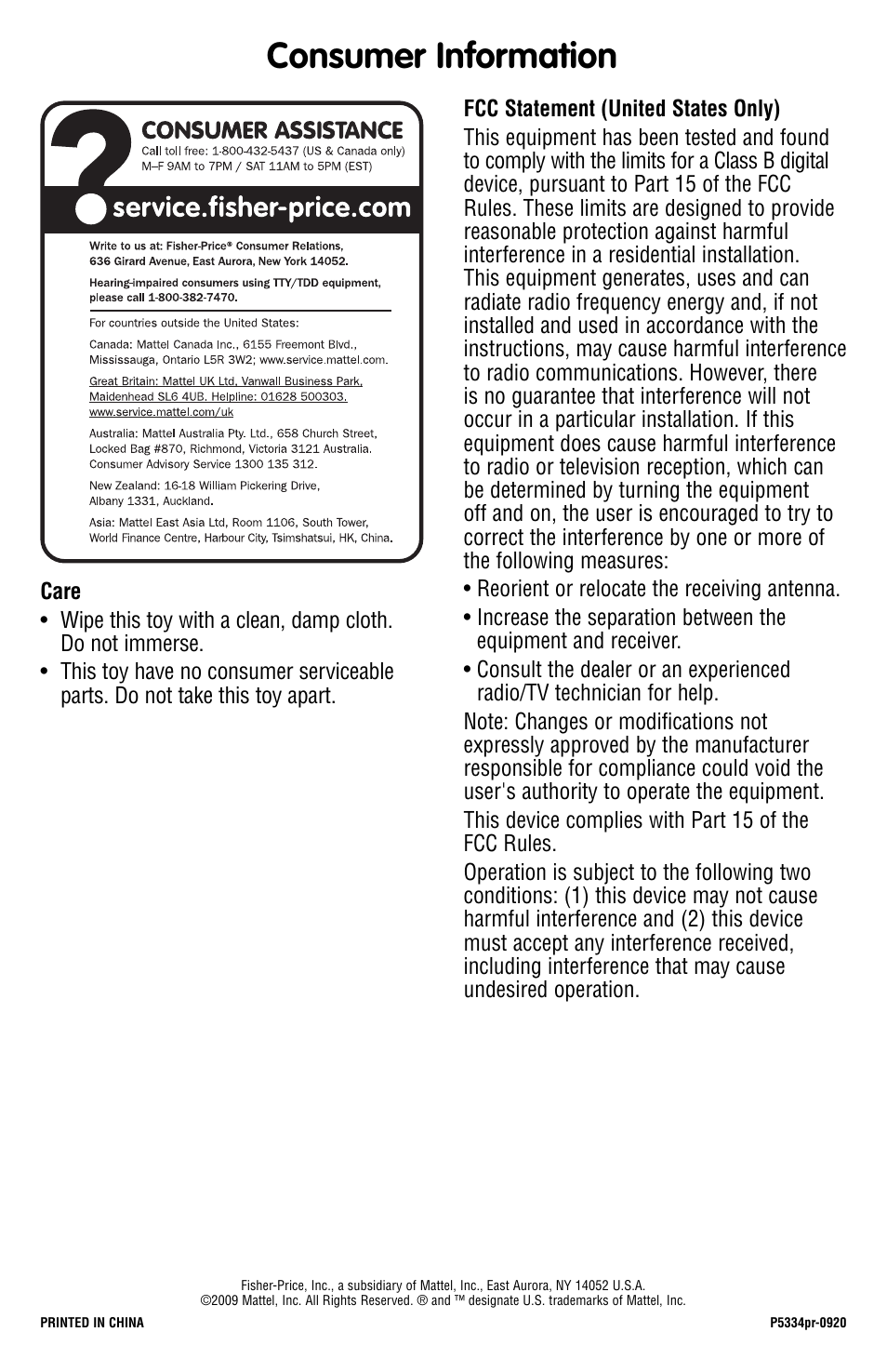 Consumer information | Fisher-Price P5334 User Manual | Page 4 / 4