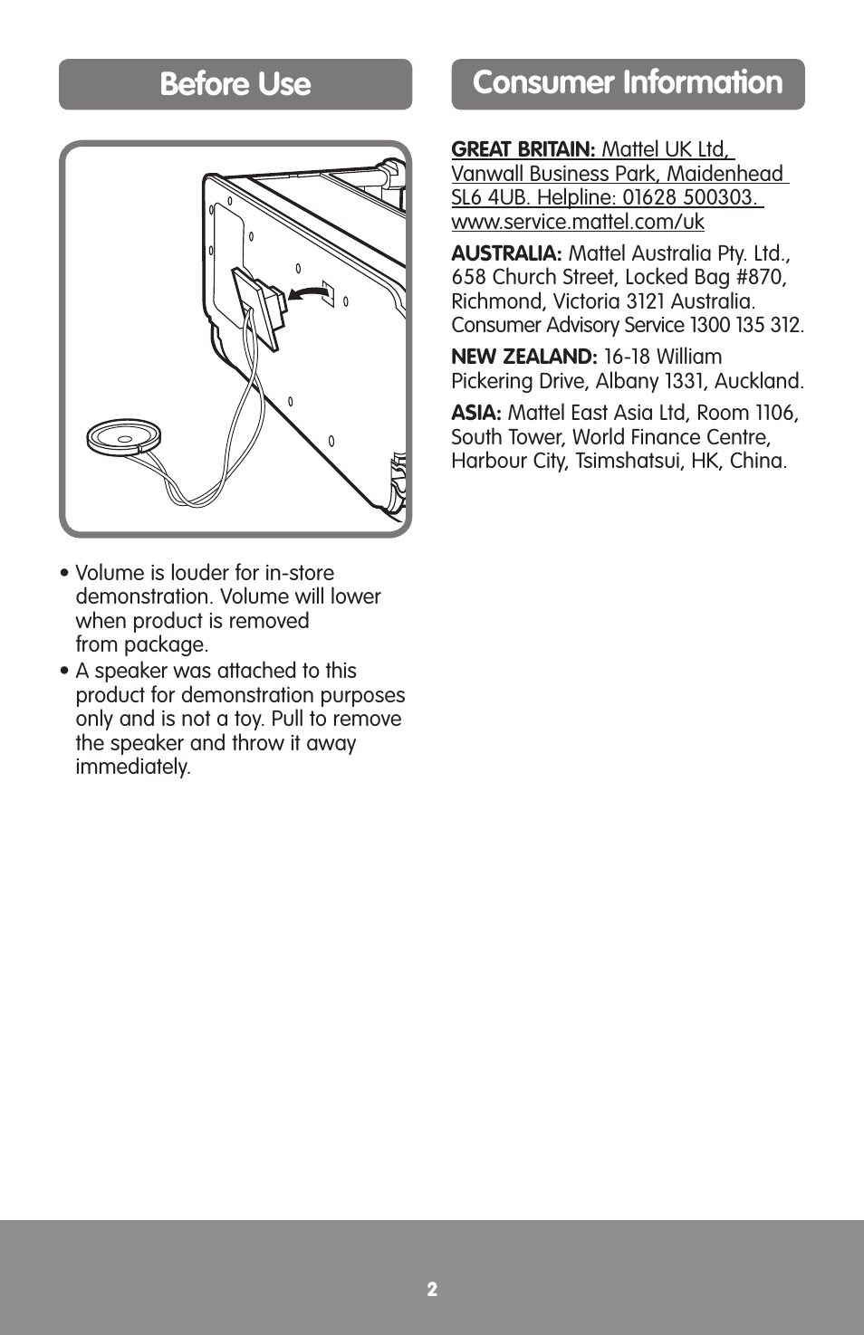 Before use, Consumer information | Fisher-Price TIME-TO-LEARN PRESCHOOL K2866 User Manual | Page 2 / 6