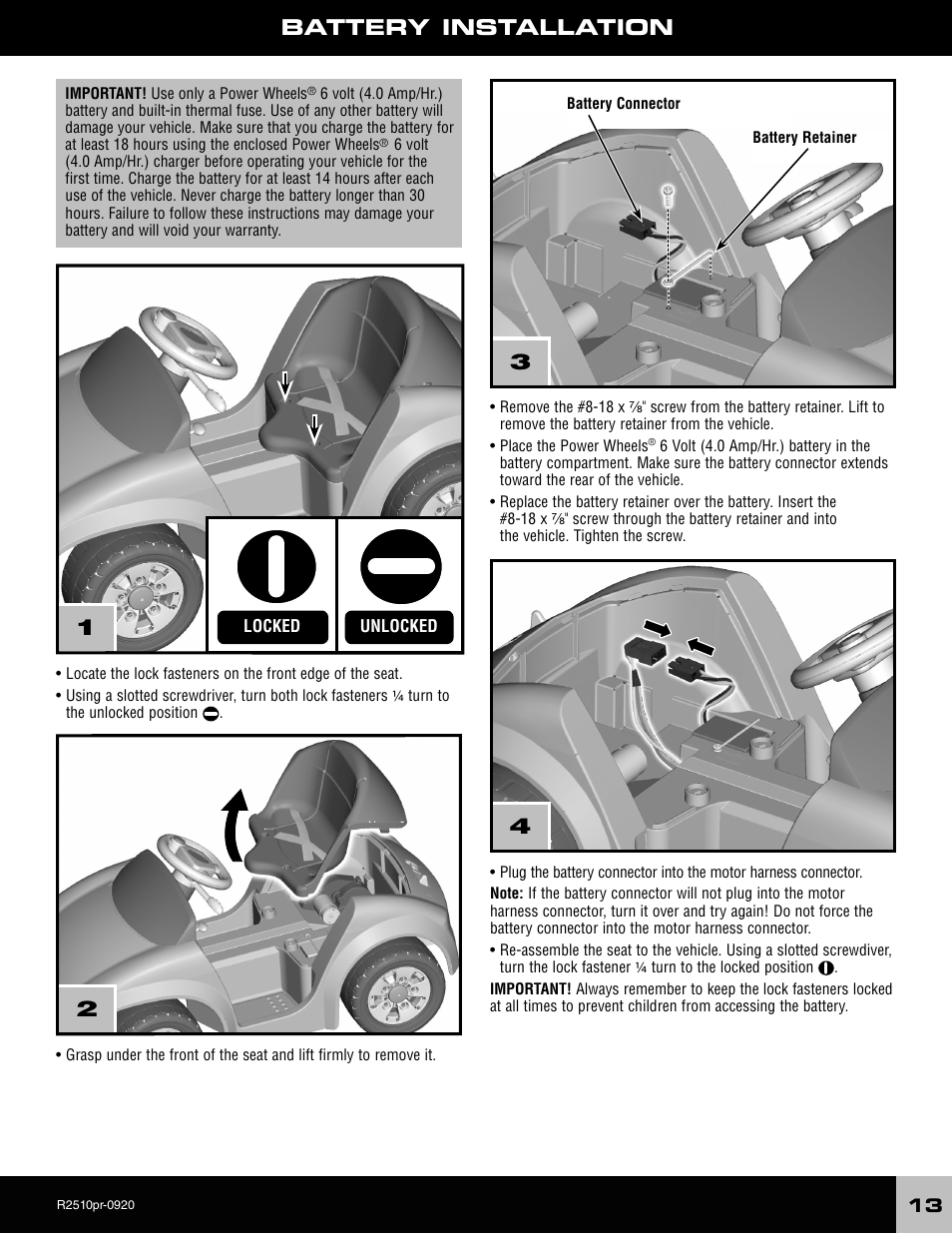 Battery installation 1 2 3 4 | Fisher-Price TOT ROD R2510 User Manual | Page 13 / 21