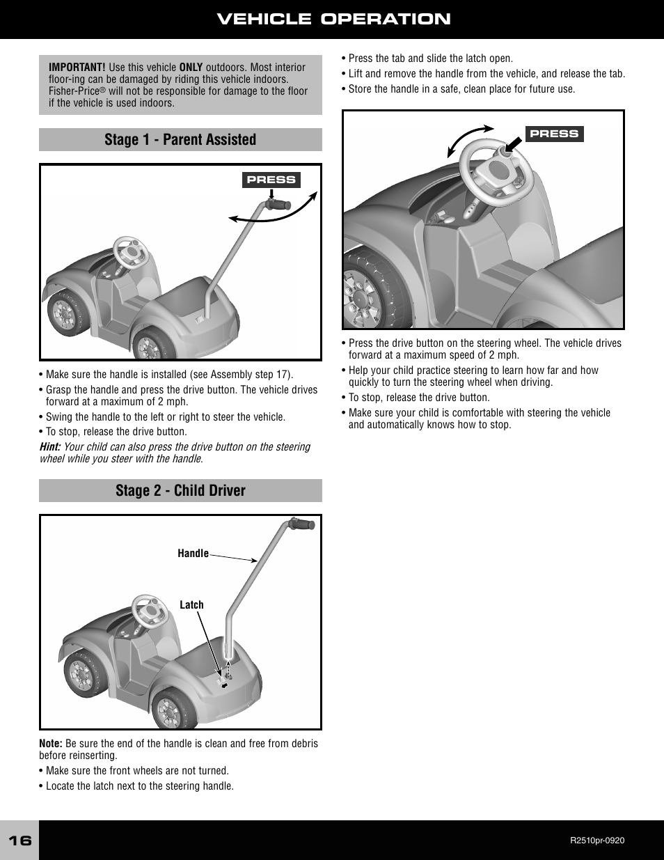 Stage 1 - parent assisted stage 2 - child driver, Vehicle operation | Fisher-Price TOT ROD R2510 User Manual | Page 16 / 21