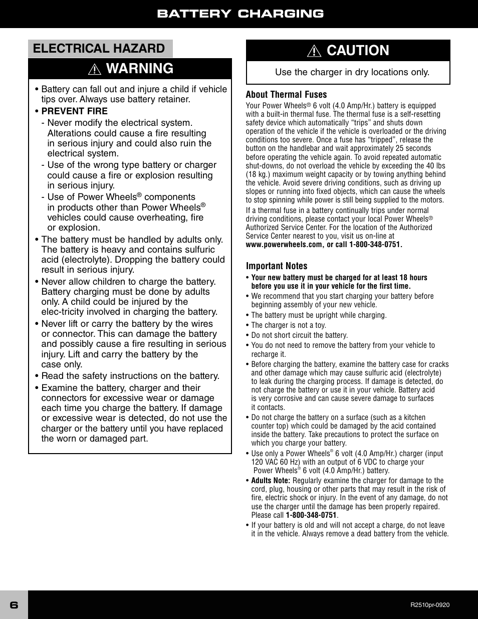 Warning, Caution, Electrical hazard | Battery charging | Fisher-Price TOT ROD R2510 User Manual | Page 6 / 21