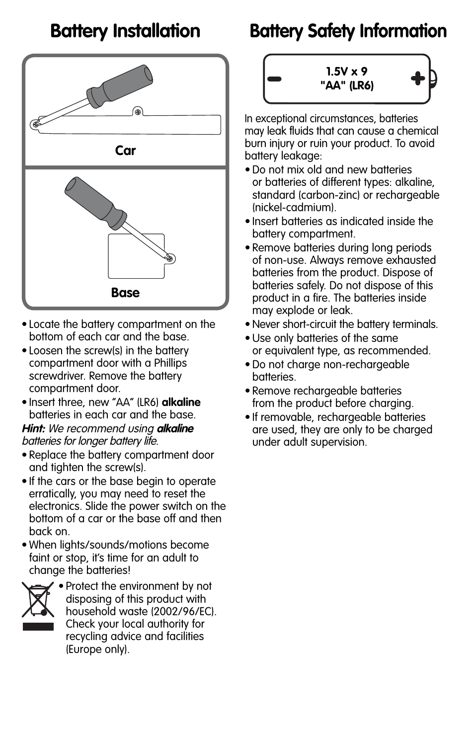 Battery installation, Battery safety information, Car base | Fisher-Price N0246 User Manual | Page 5 / 6