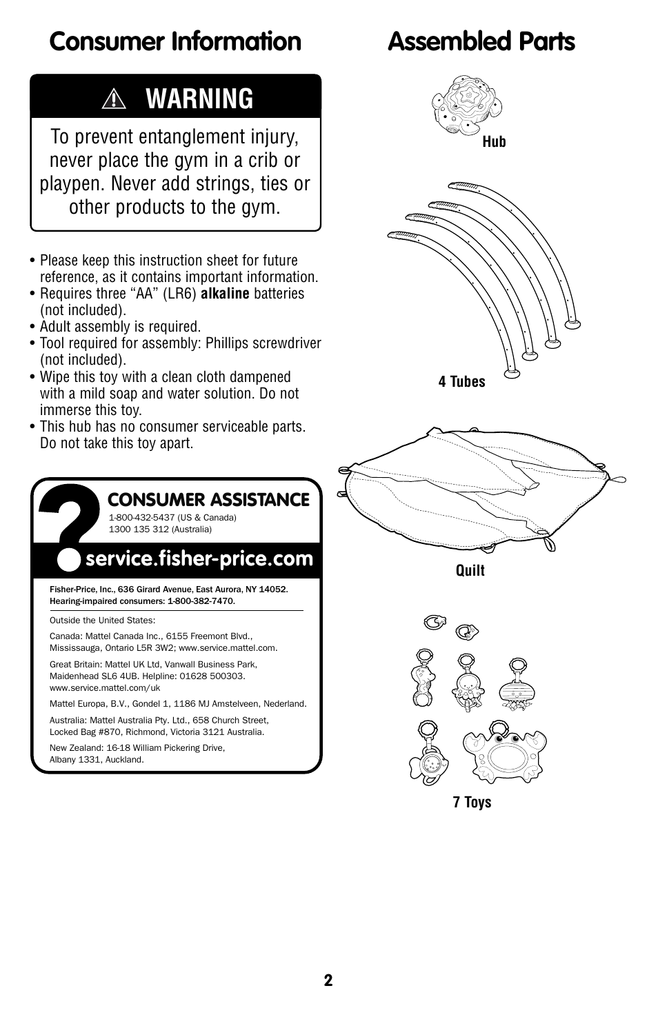 Assembled parts, Warning, Consumer information | Consumer assistance | Fisher-Price T4264 User Manual | Page 2 / 6