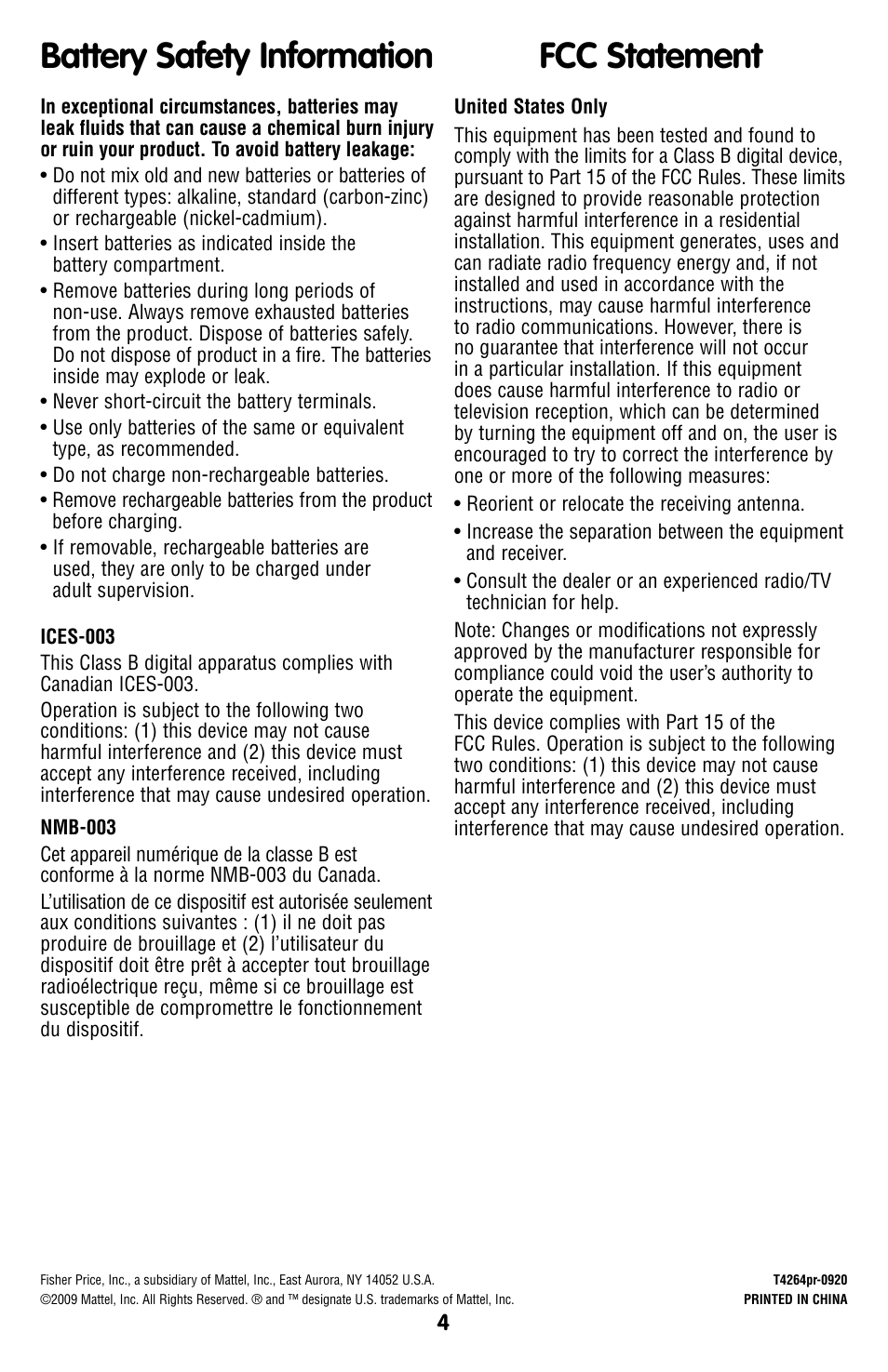 Battery safety information fcc statement | Fisher-Price T4264 User Manual | Page 4 / 6