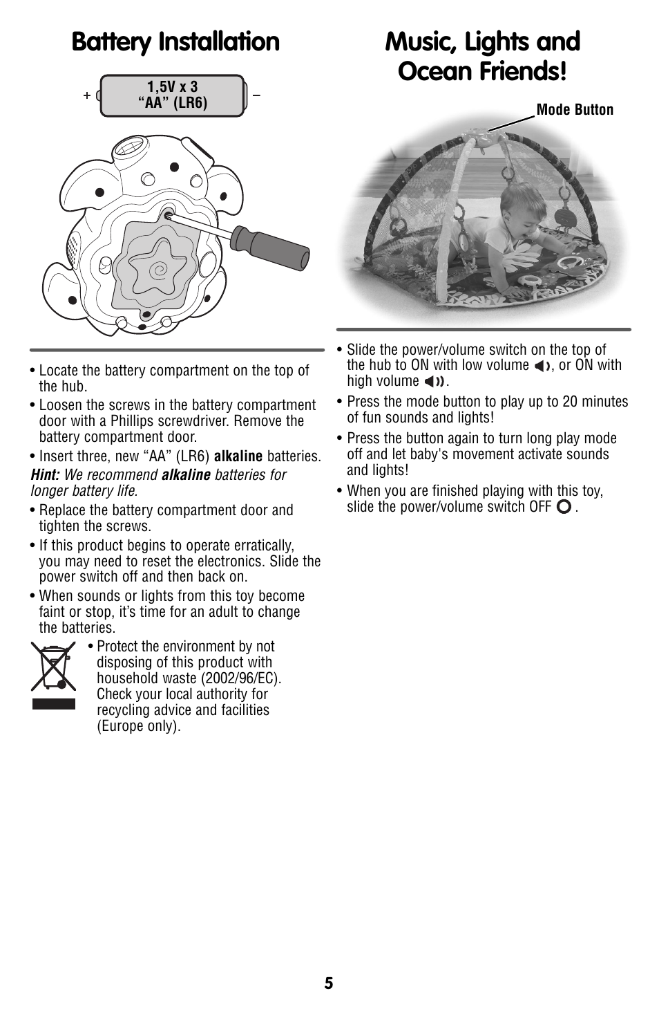 Music, lights and ocean friends, Battery installation | Fisher-Price T4264 User Manual | Page 5 / 6