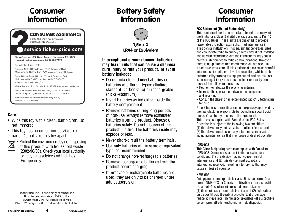 Consumer information, Battery safety information | Fisher-Price V5640 User Manual | Page 2 / 2