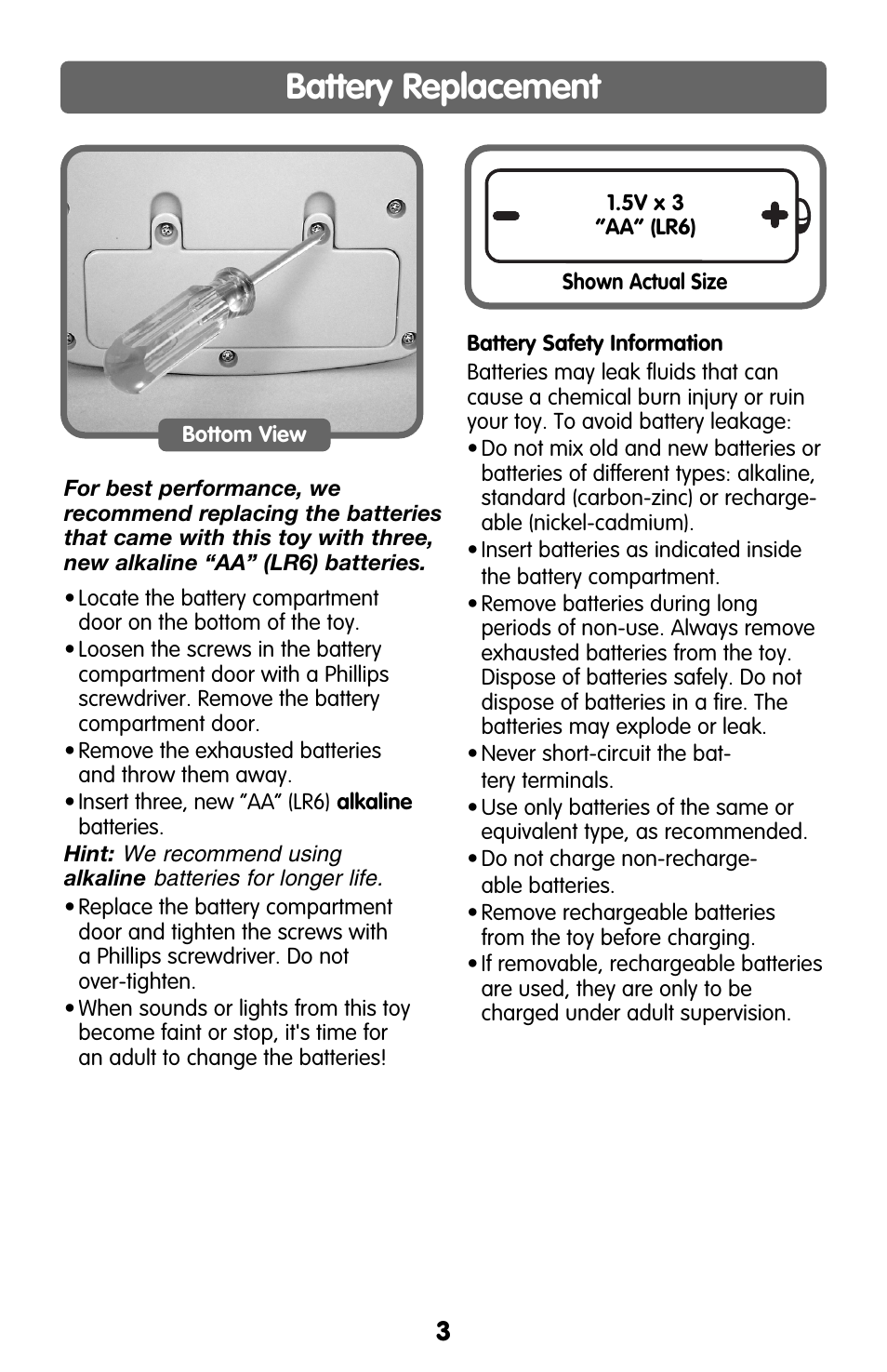 Battery replacement | Fisher-Price G9450 User Manual | Page 3 / 4