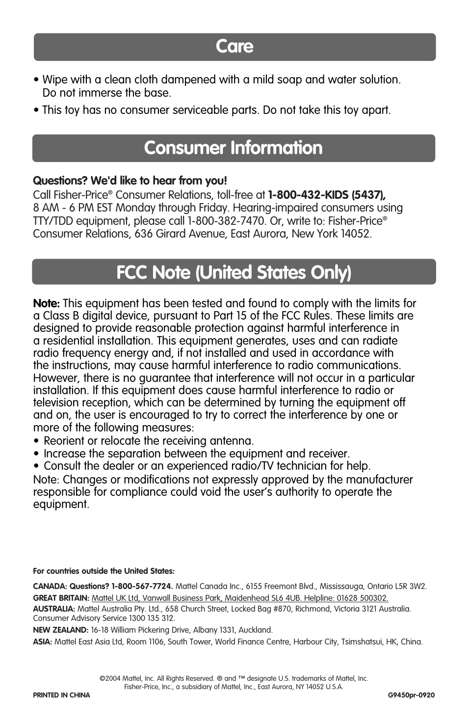 Consumer information, Care | Fisher-Price G9450 User Manual | Page 4 / 4