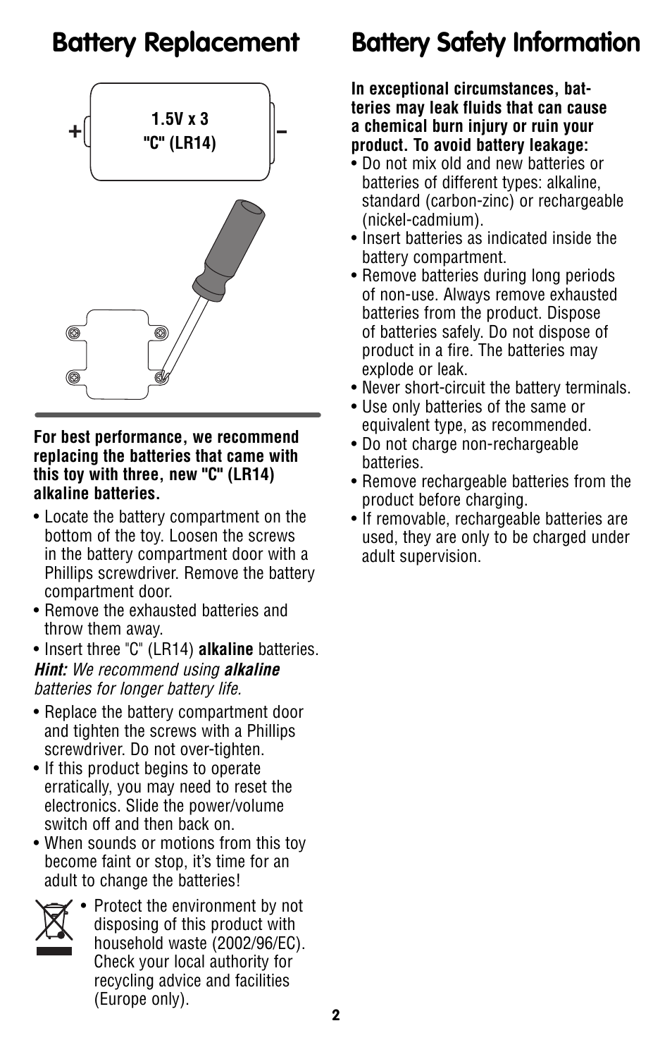 Battery replacement, Battery safety information | Fisher-Price C5523 User Manual | Page 2 / 6