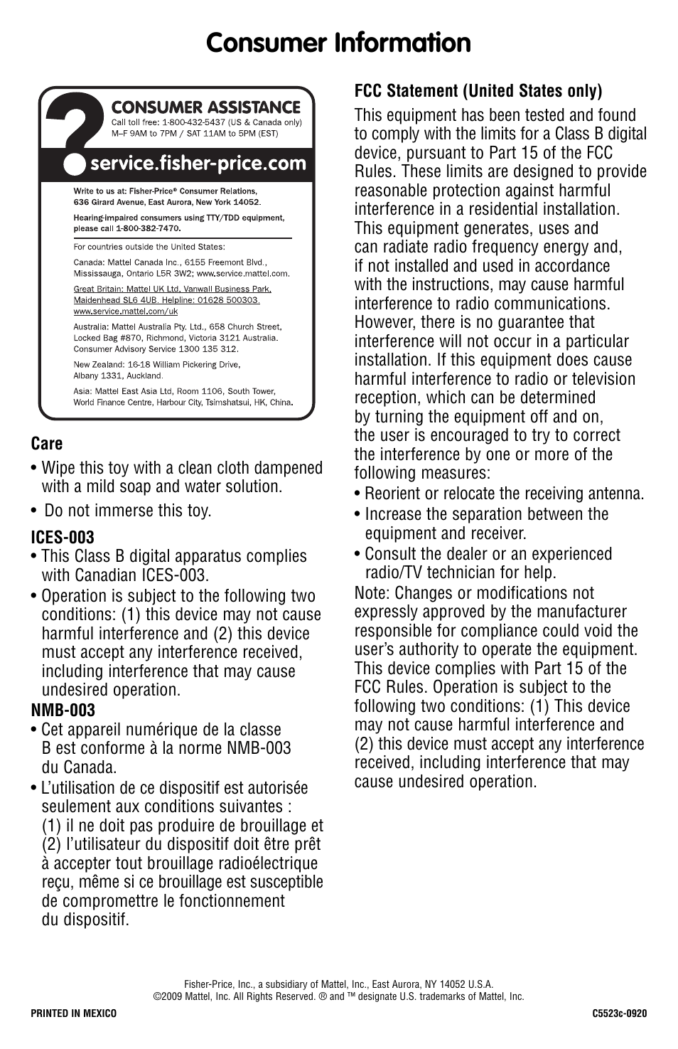 Consumer information | Fisher-Price C5523 User Manual | Page 6 / 6