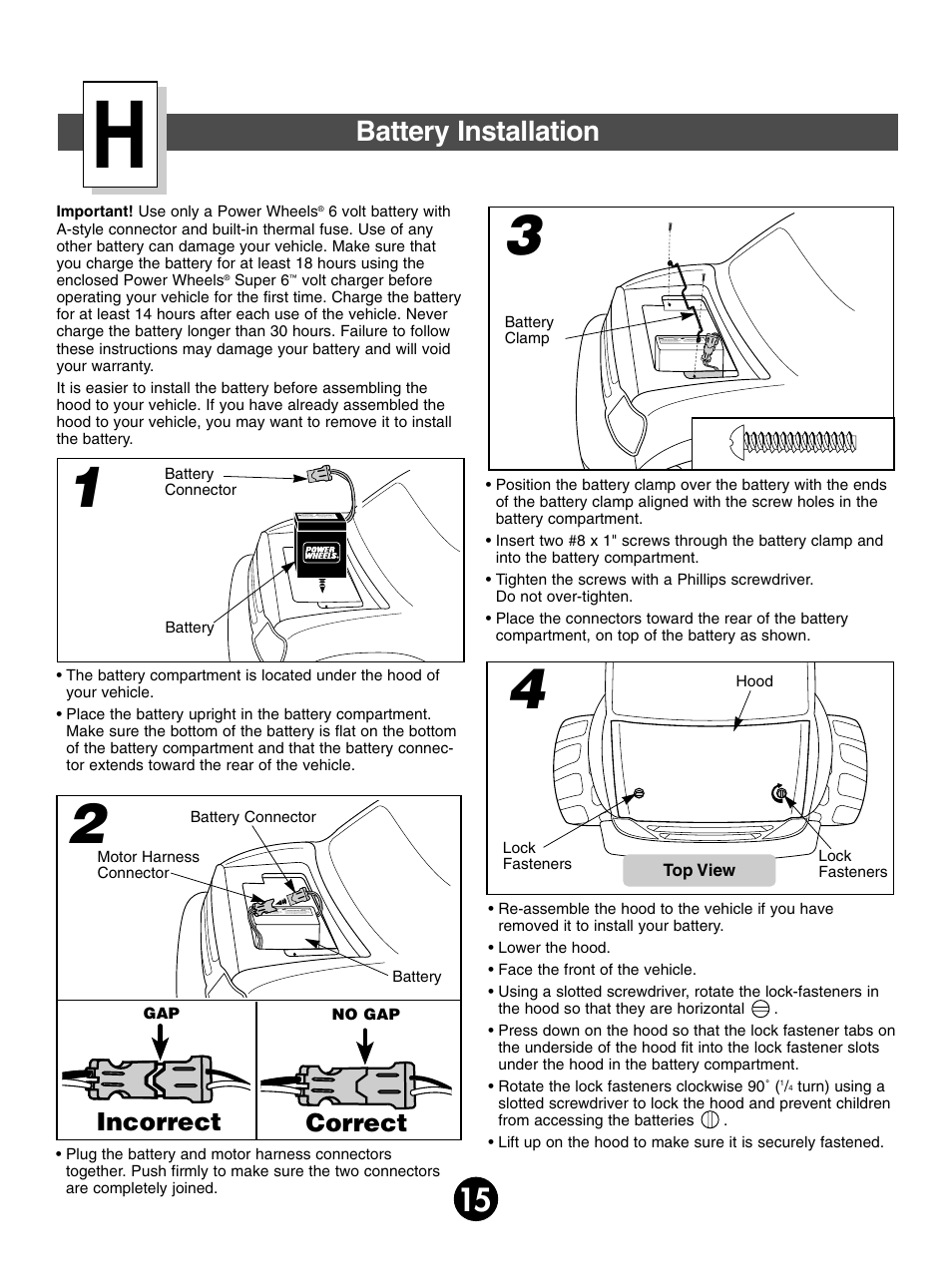 Battery installation, Correct, Incorrect | Fisher-Price OFFROAD 75548 User Manual | Page 15 / 28