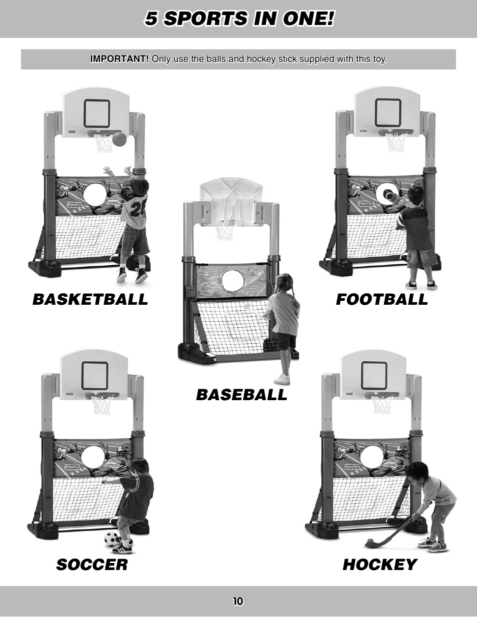 5 sports in one, Basketball baseball football soccer hockey | Fisher-Price M5726 User Manual | Page 10 / 12