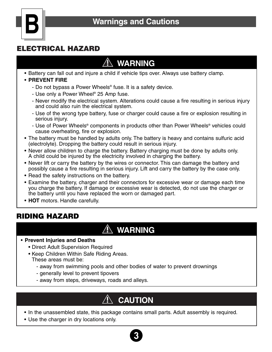 Warnings and cautions, Warning, Caution | Fisher-Price 74765 User Manual | Page 3 / 28