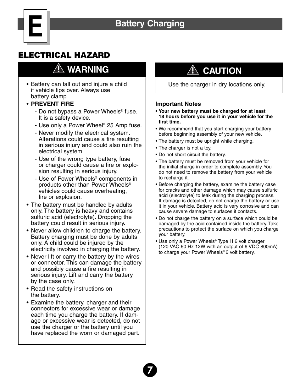 Battery charging, Caution, Warning | Electrical hazard | Fisher-Price 74765 User Manual | Page 7 / 28